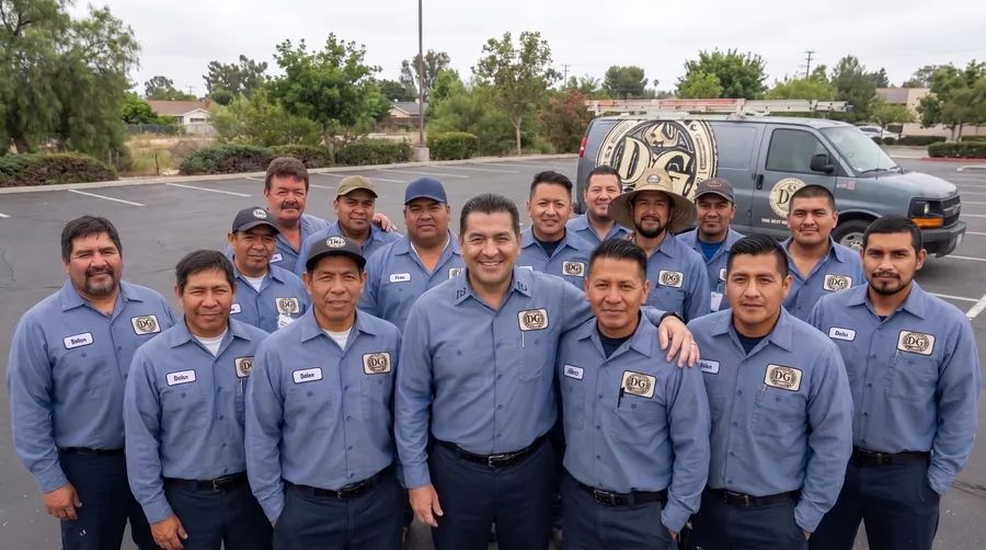 DG Plumbing & Rooter technicians beside a marked company service van.