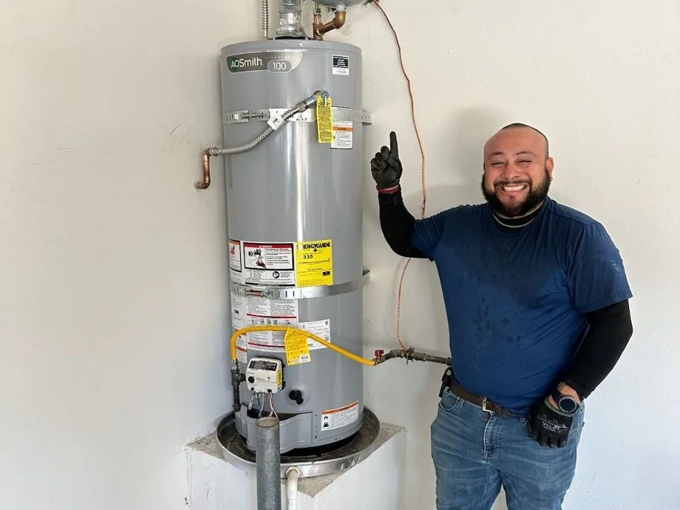 DG Plumbing & Rooter technician after a water heater installation in the Antelope Valley